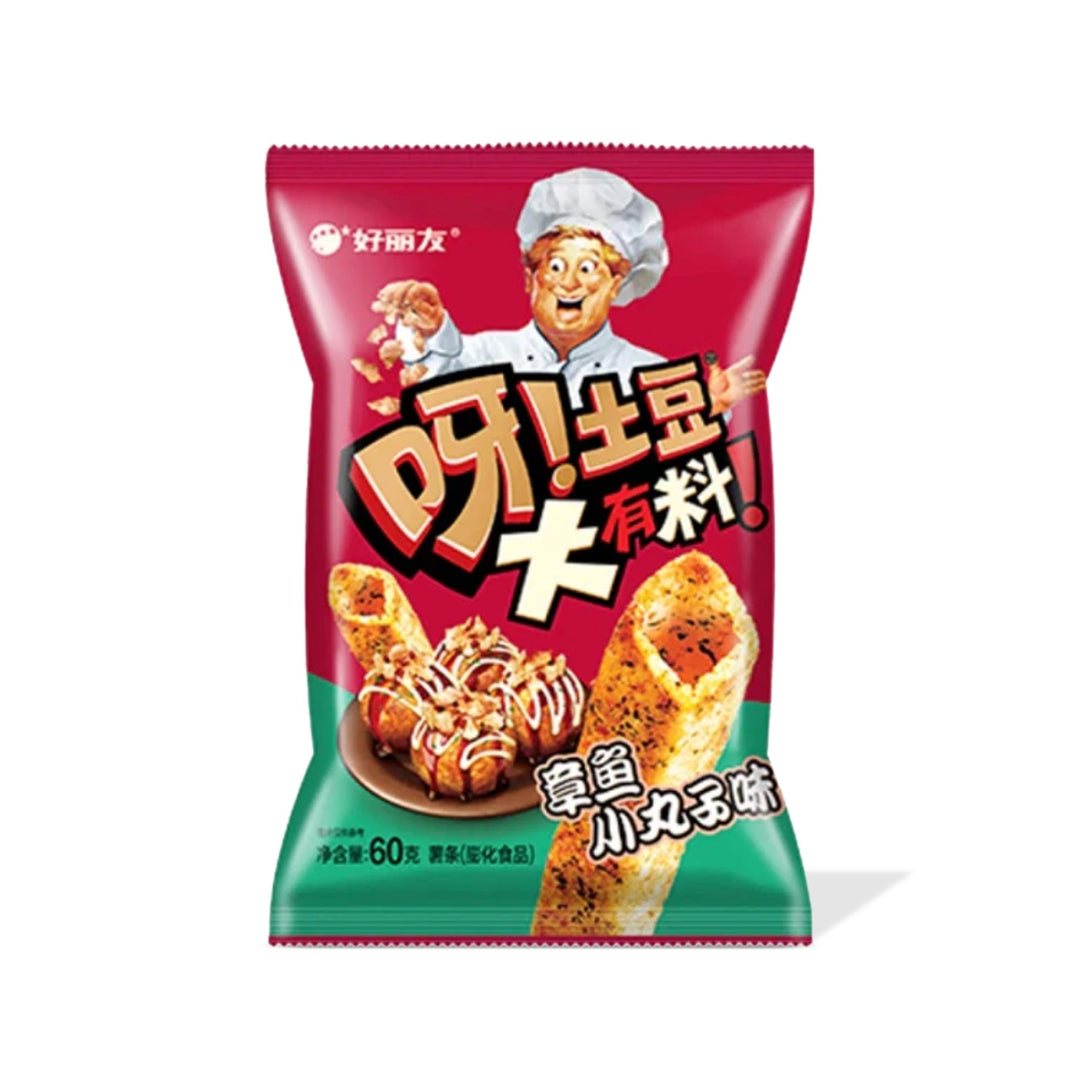 A bag of Orion Ya Potato Sticks: Takoyaki with Chinese characters on it.