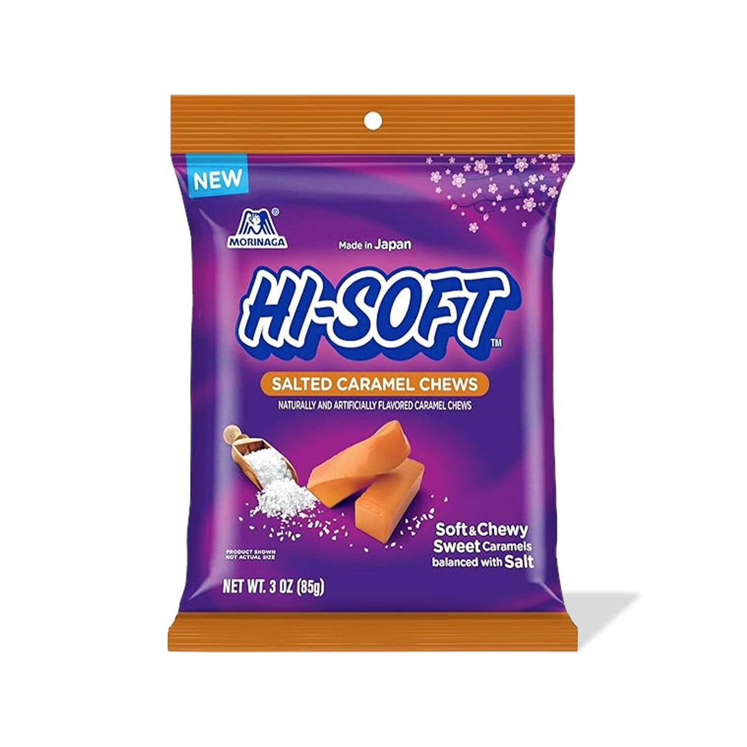 A bag of Morinaga Hi-Soft: Salted Caramel soft chews on a white background.