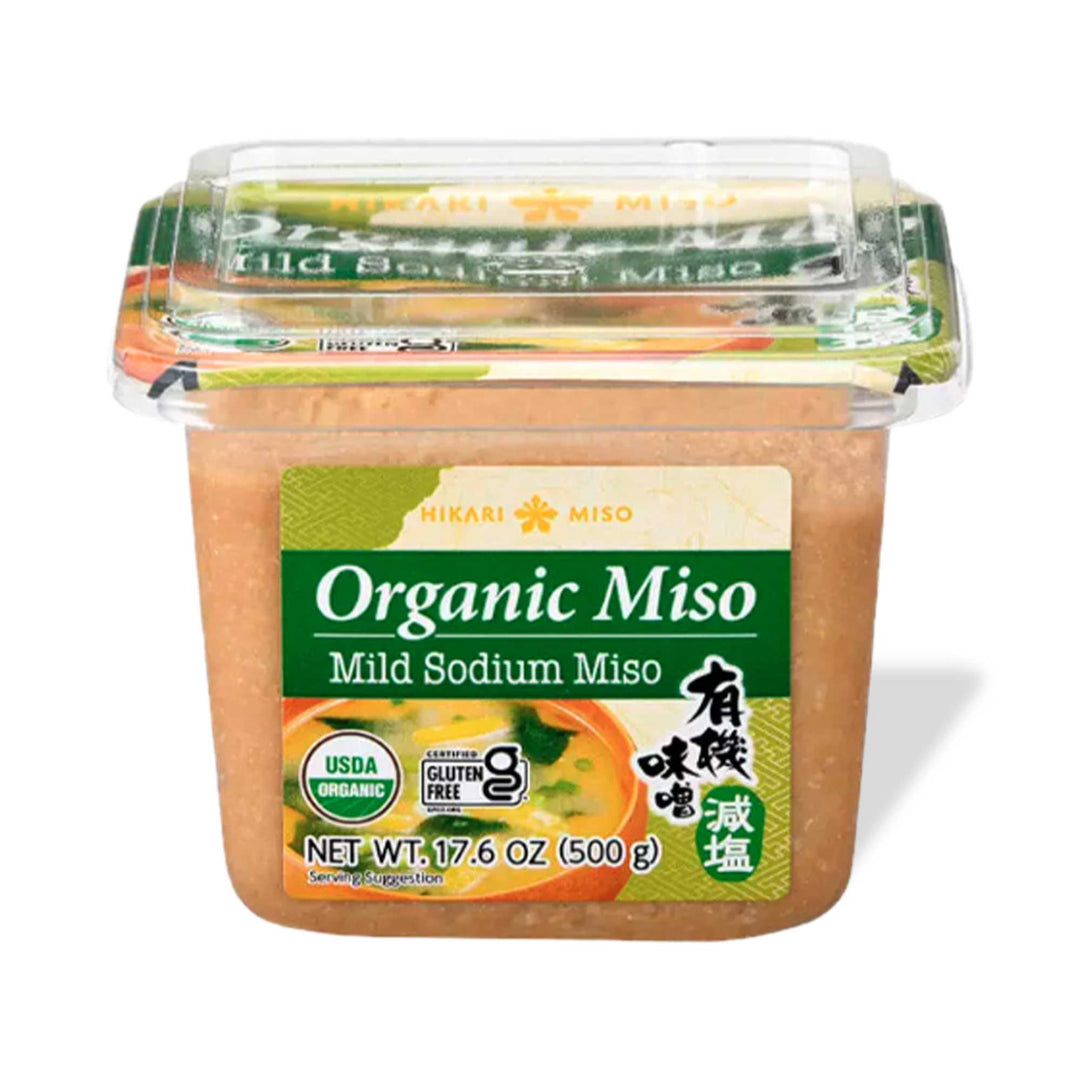 A container of Hikari Organic White Miso Low Sodium on a white background.