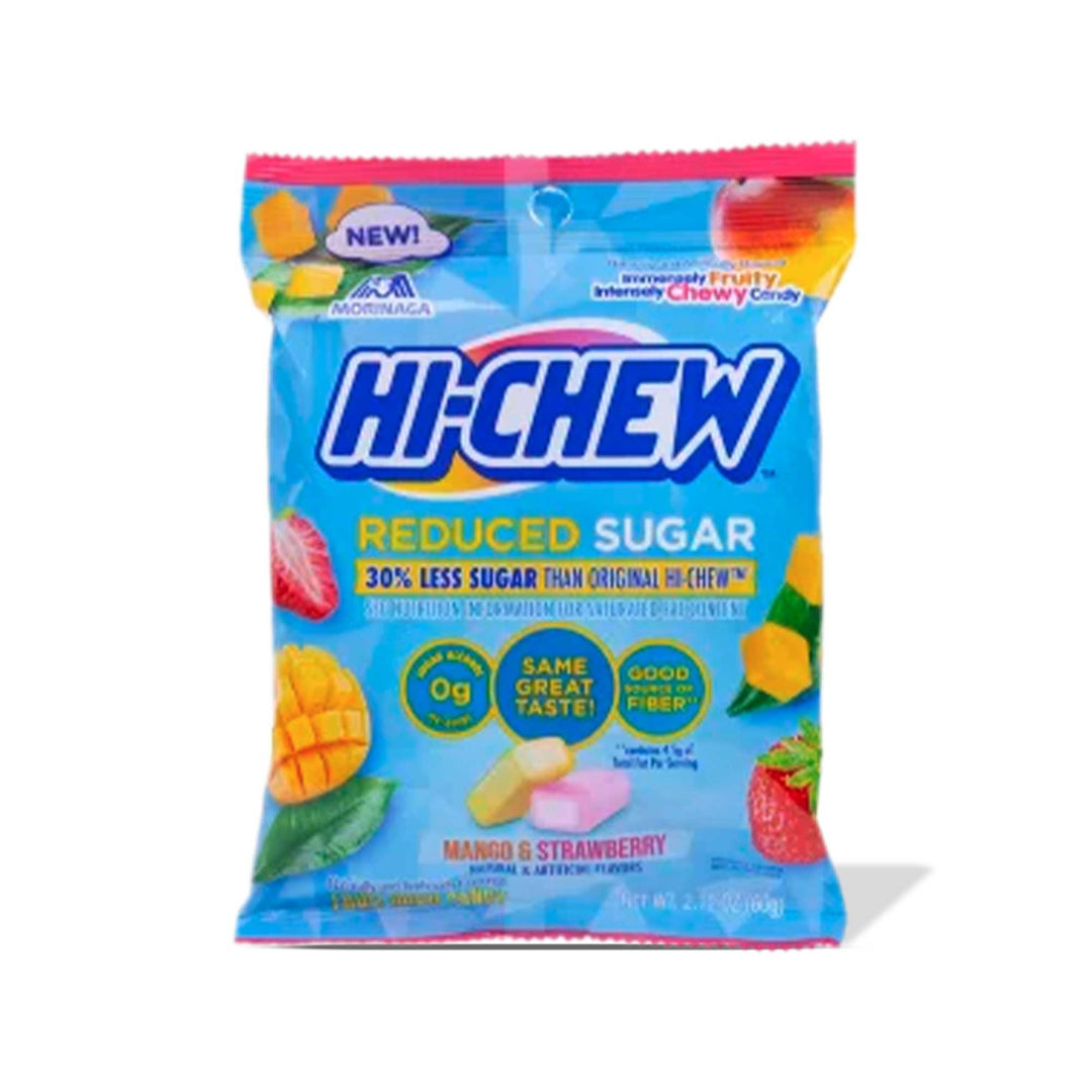 A bag of Morinaga Hi-Chew Reduced Sugar: Mango & Strawberry fruit chews on a white background.