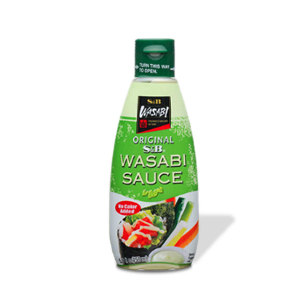 A bottle of S&B Wasabi Sauce, perfect for dipping sauce, on a white background.