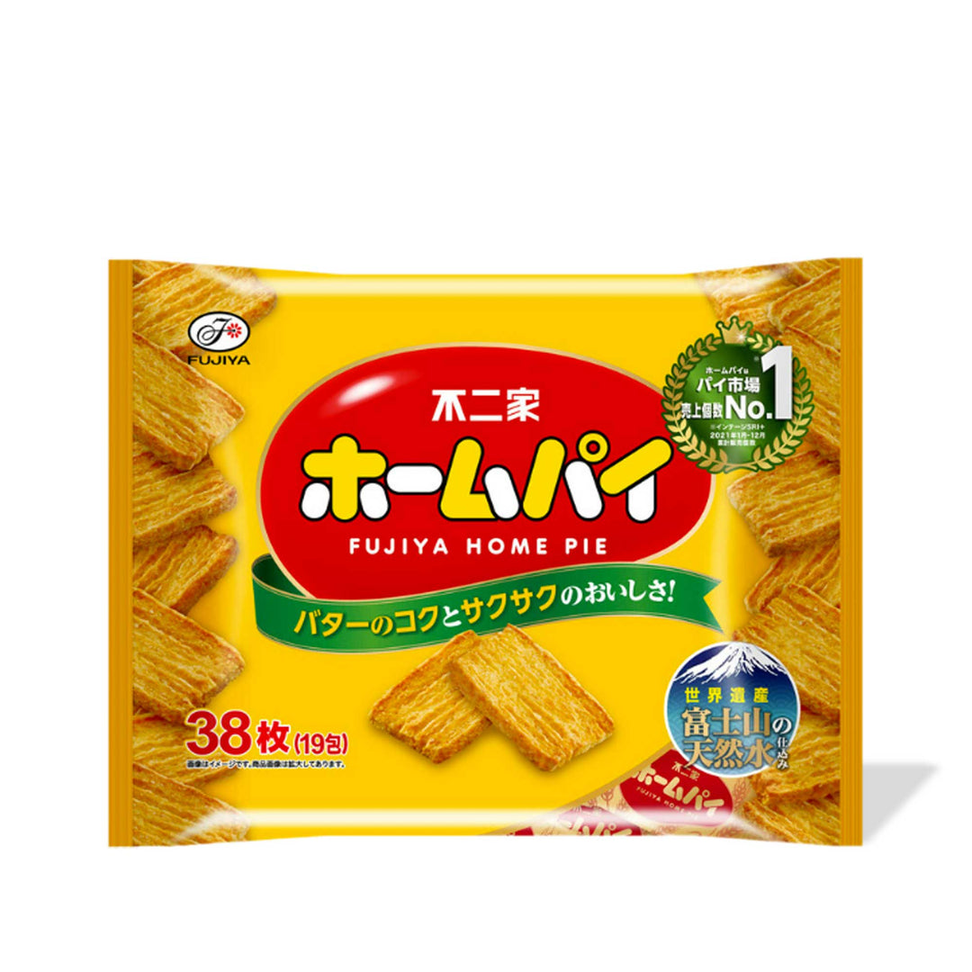 A package of light-textured Fujiya Home Pie (38 pieces) crackers on a white background.