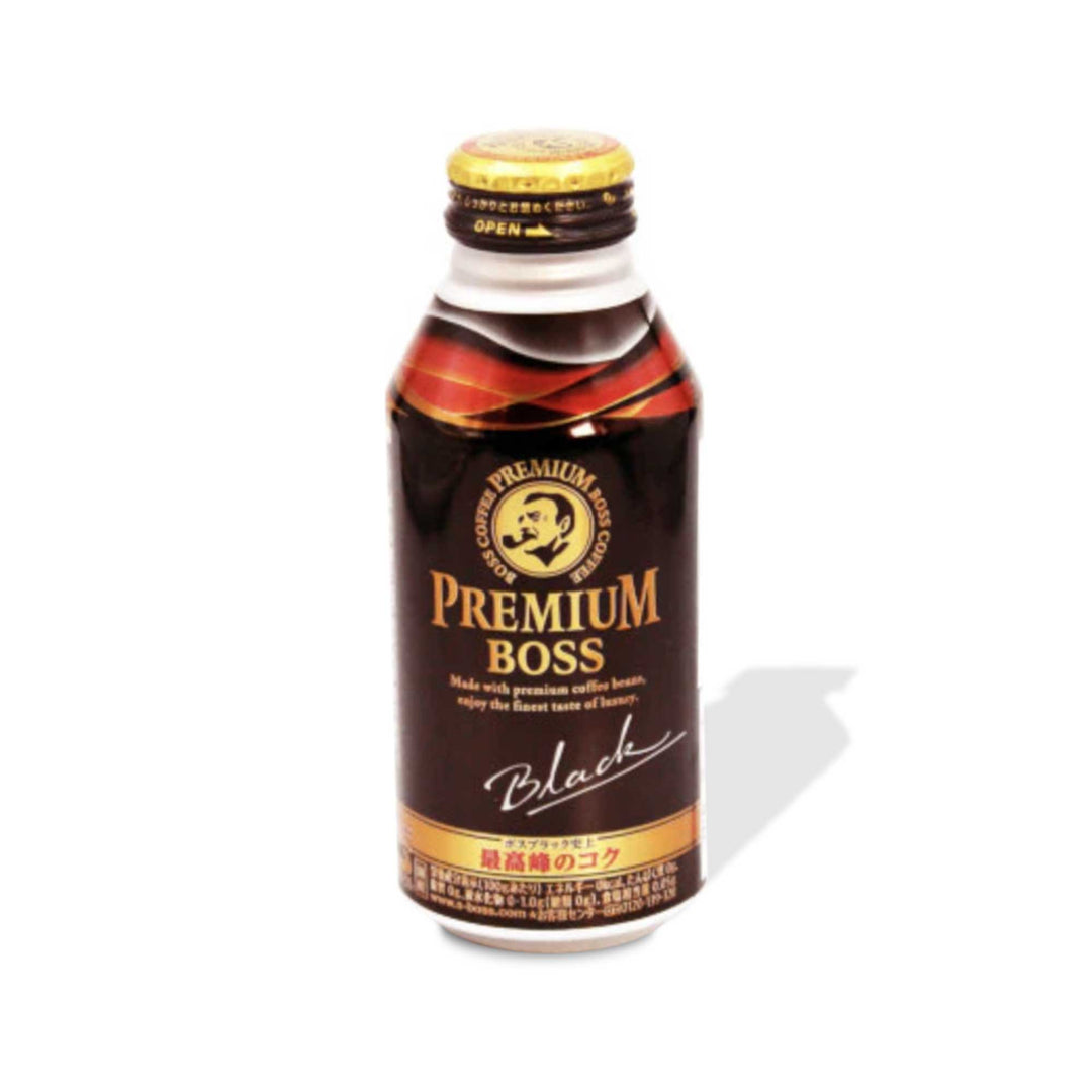 A brown bottle with a premium gold label with Suntory Premium BOSS Black Coffee flavor in the background.