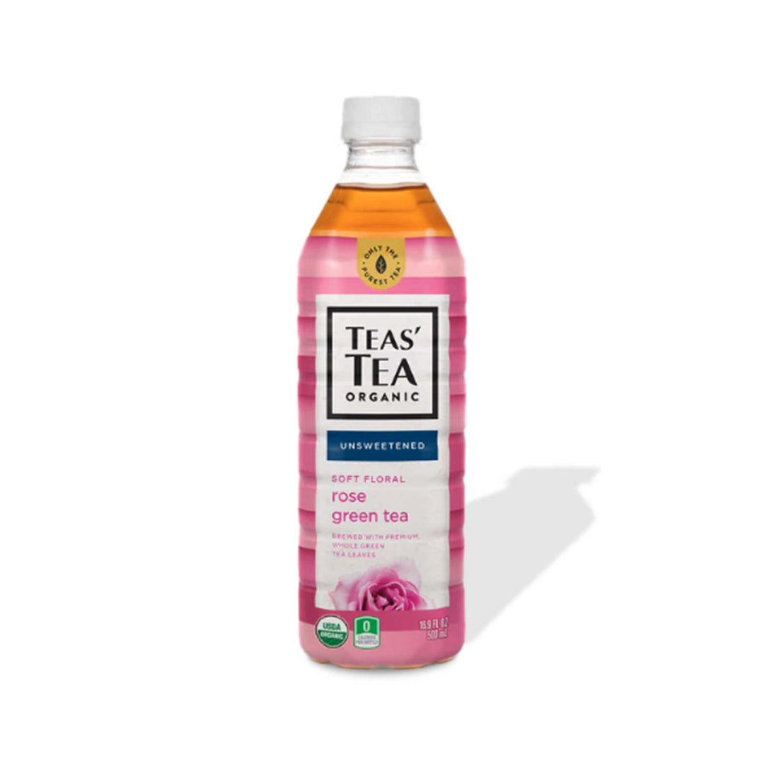 A bottle of Itoen Tea's Tea: Organic Rose Green Tea Unsweetened with a pink label.