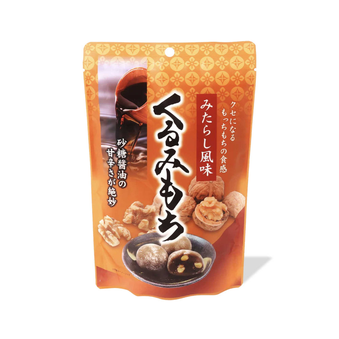 Seiki Kurumi Mochi: Walnut with Mitarashi Sweet Soy Glaze, Japanese nuts, in a pouch on a white background.