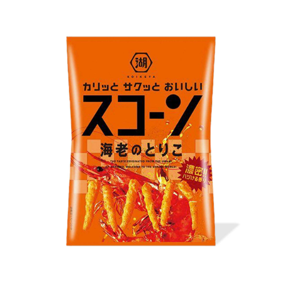 A bag of Koikeya Scorn Corn Puffs: Shrimp Temptation with a seafood-flavored corn snack.