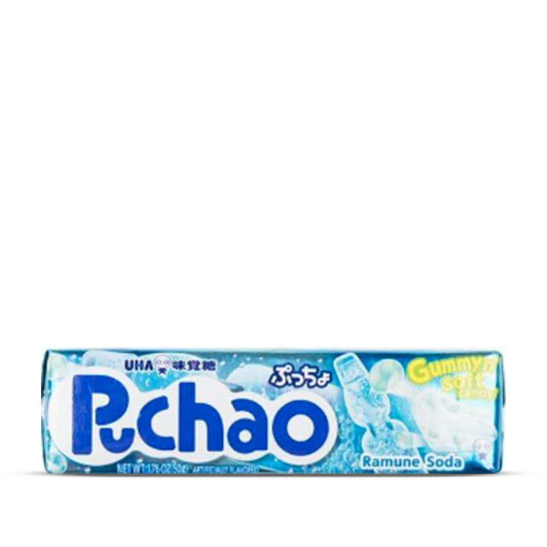 A box of UHA Mikakuto Puchao Gummy Candy: Ramune on a white background.