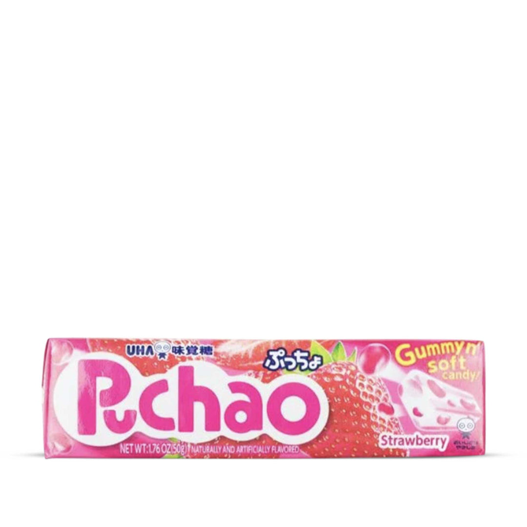 Juicy UHA Mikakuto Puchao Gummy Candy: Strawberry with flavor crystals.