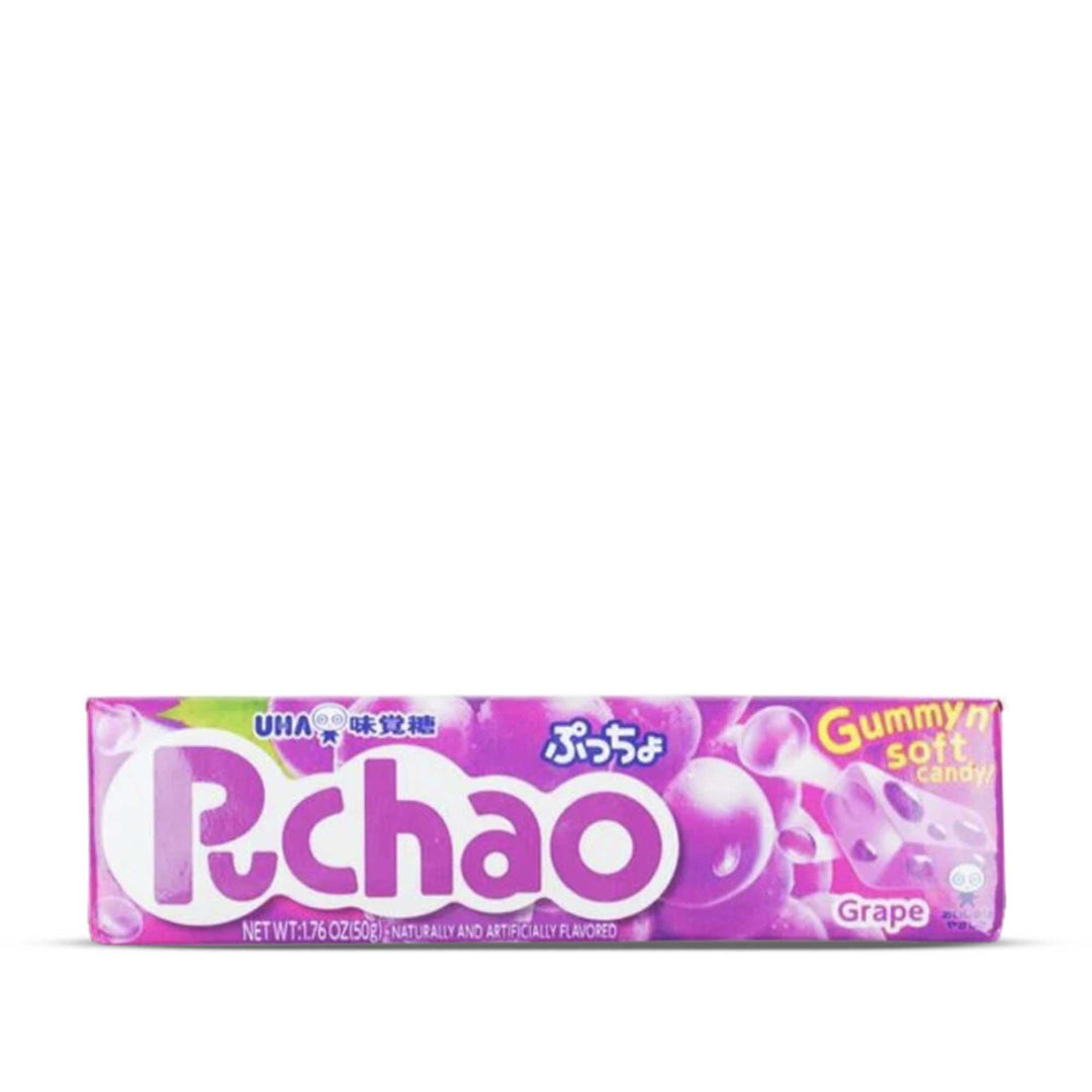 A box of UHA Mikakuto Puchao Gummy Candy: Grape, reminiscent of Willa Wonka's factory, on a white background.