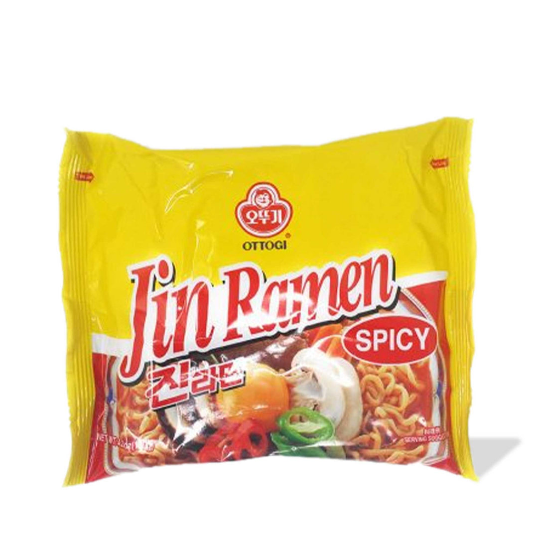 A packet of Ottogi Jin Ramen: Hot in spicy flavor.
