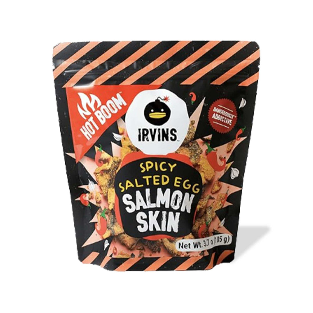 Package of Irvins Hot Boom Salted Egg Salmon Skin featuring sustainably sourced salted egg salmon skin.