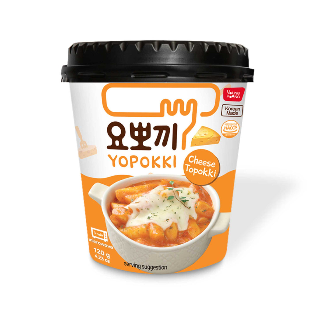 A Yopokki Instant Tteokbokki Rice Cake Cup: Cheese container on a white background.