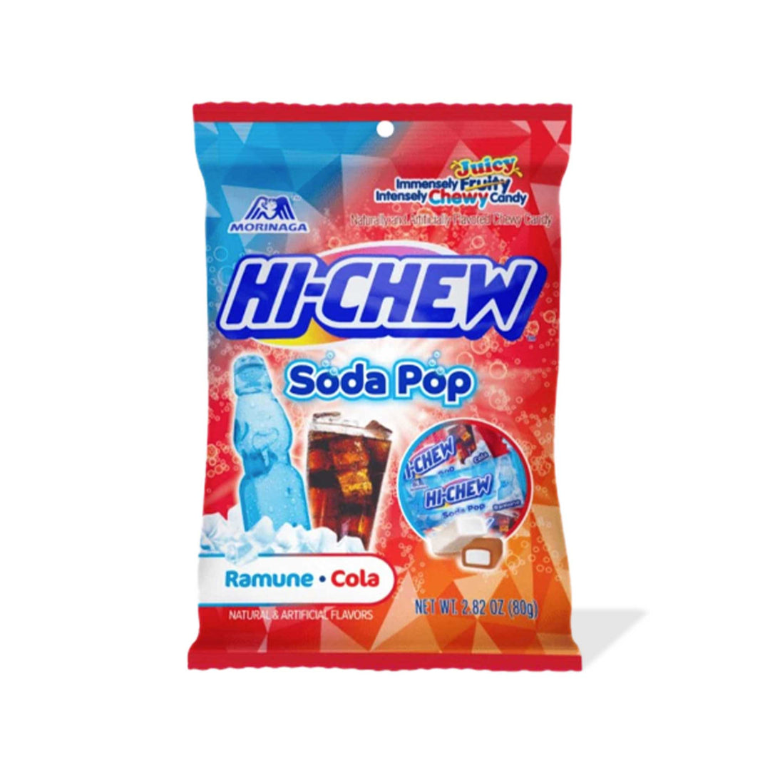 Chewy Morinaga Hi-Chew candies with a soda pop mix flavor in a bag.