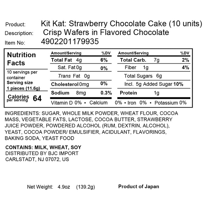 Product label for a Nestle Japan Japanese Kit Kat Strawberry Chocolate Cake, including nutrition facts, ingredients, and product origin information.