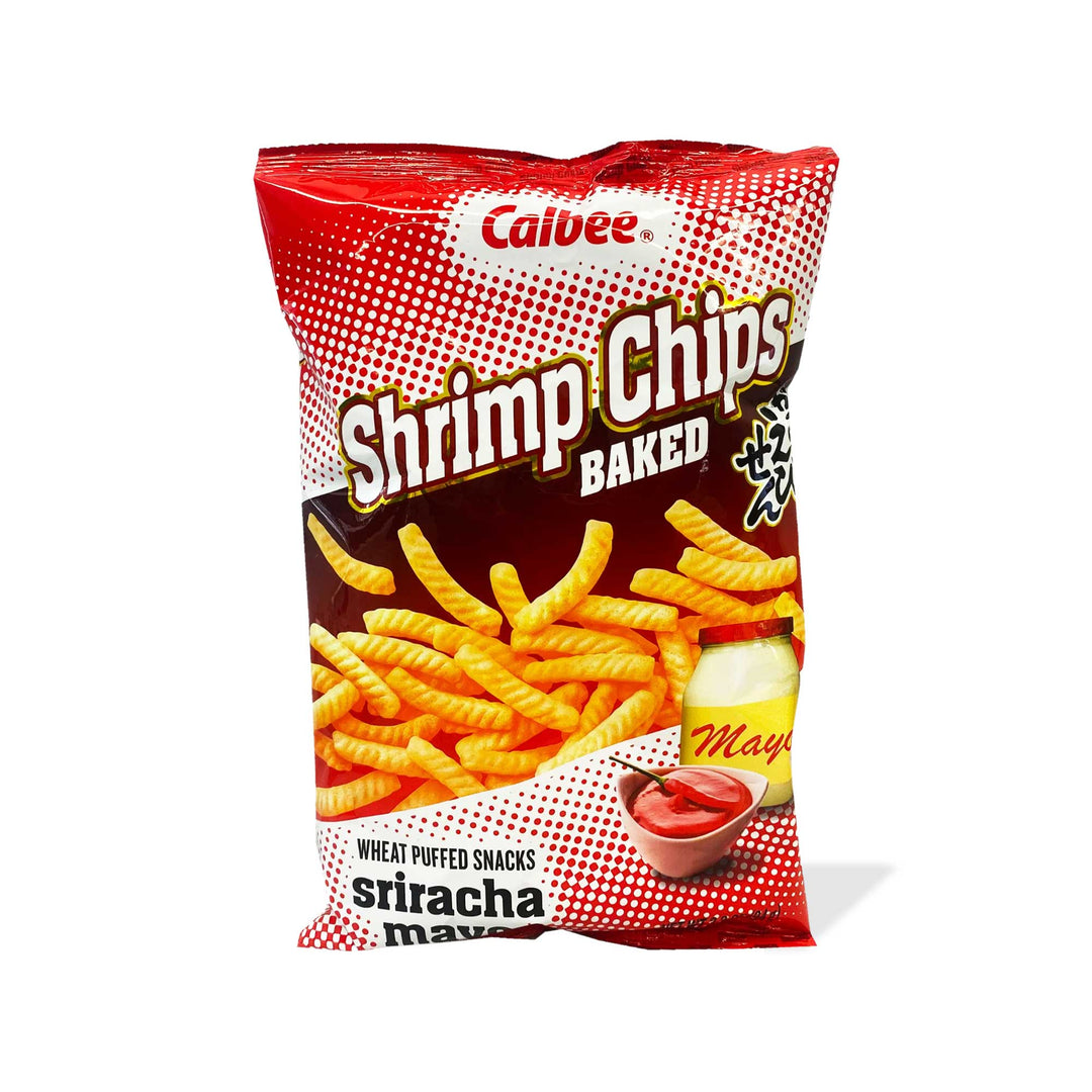 A bag of Calbee Sriracha Mayo Shrimp Chips on a white background.