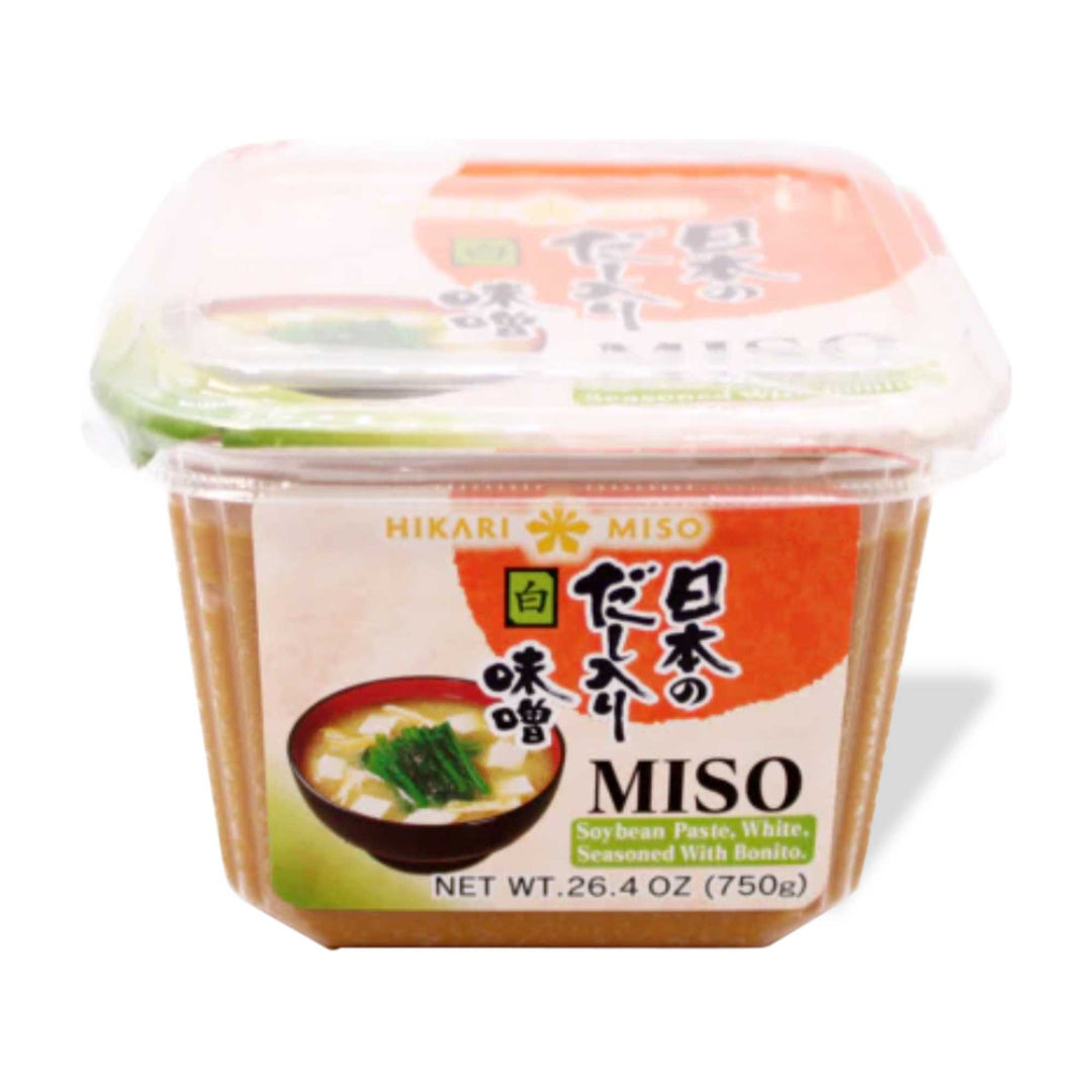 A container of Hikari White Miso with Bonito Dashi on a white background.