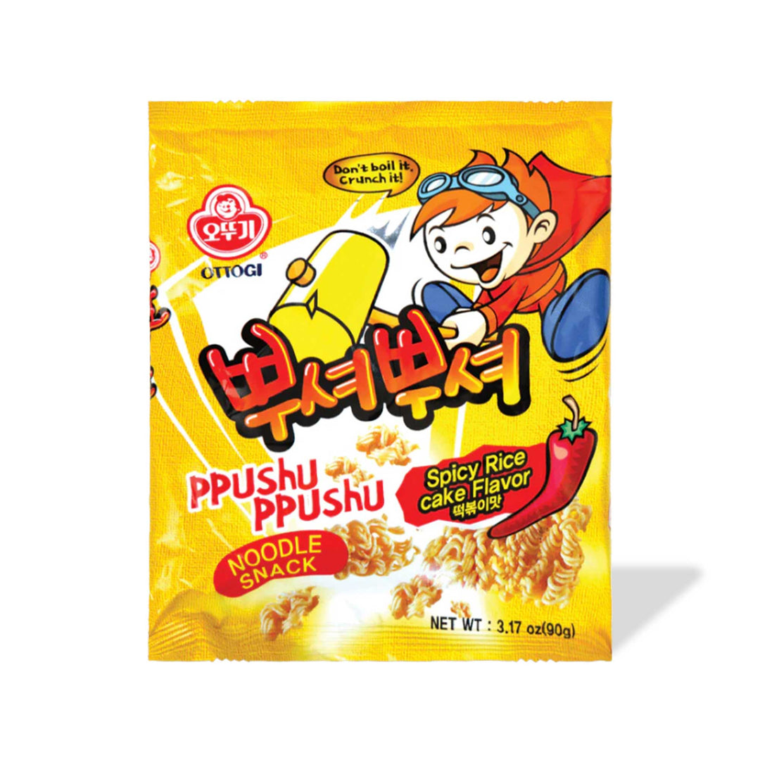A package of Ottogi Ppushu Ppushu Ramen Snack: Spicy Rice Cake in savory spicy rice cake flavor.