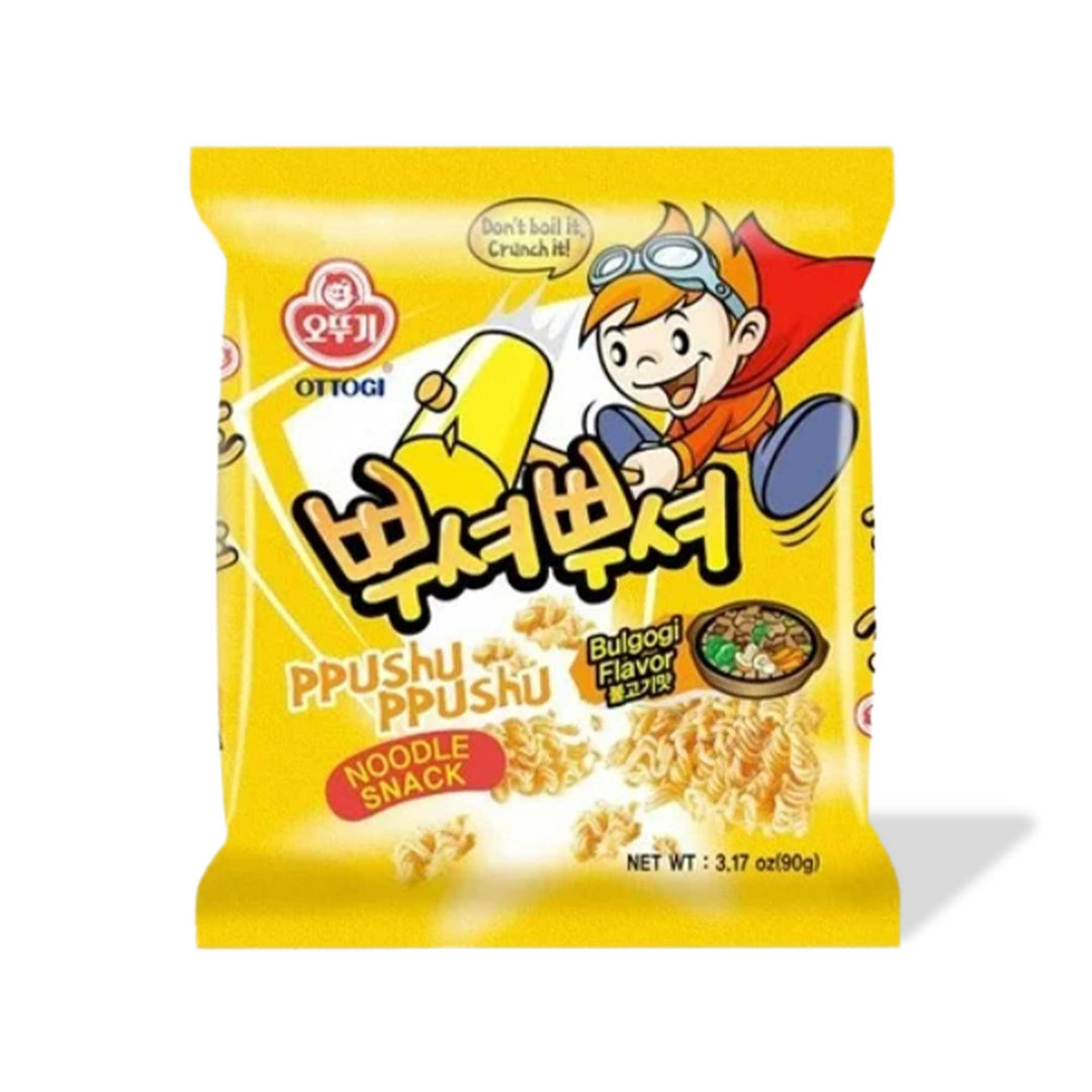 A package of Ottogi Ppushu Ppushu Ramen Snack: Beef Bulgogi with animated character on the front.