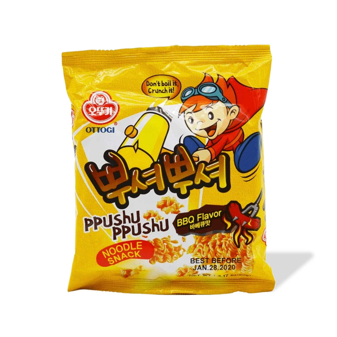 A package of Ottogi Ppushu Ppushu Ramen Snack: BBQ flavor crunchy ramen snack with an illustrated character on the front.
