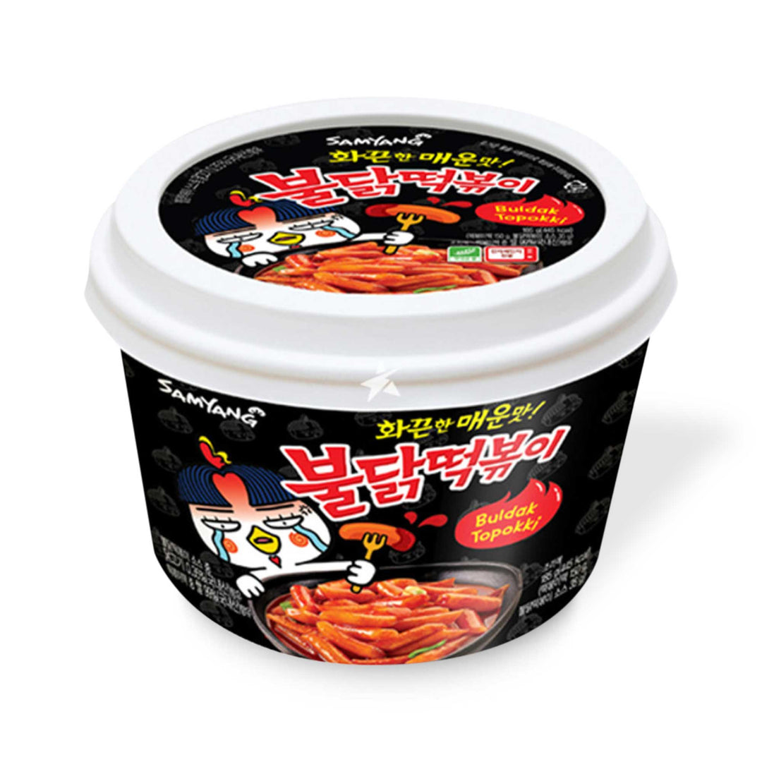 A container of Samyang Topokki Rice Cake Big Bowl: Buldak Hot Chicken, a Korean spicy rice cake instant snack.