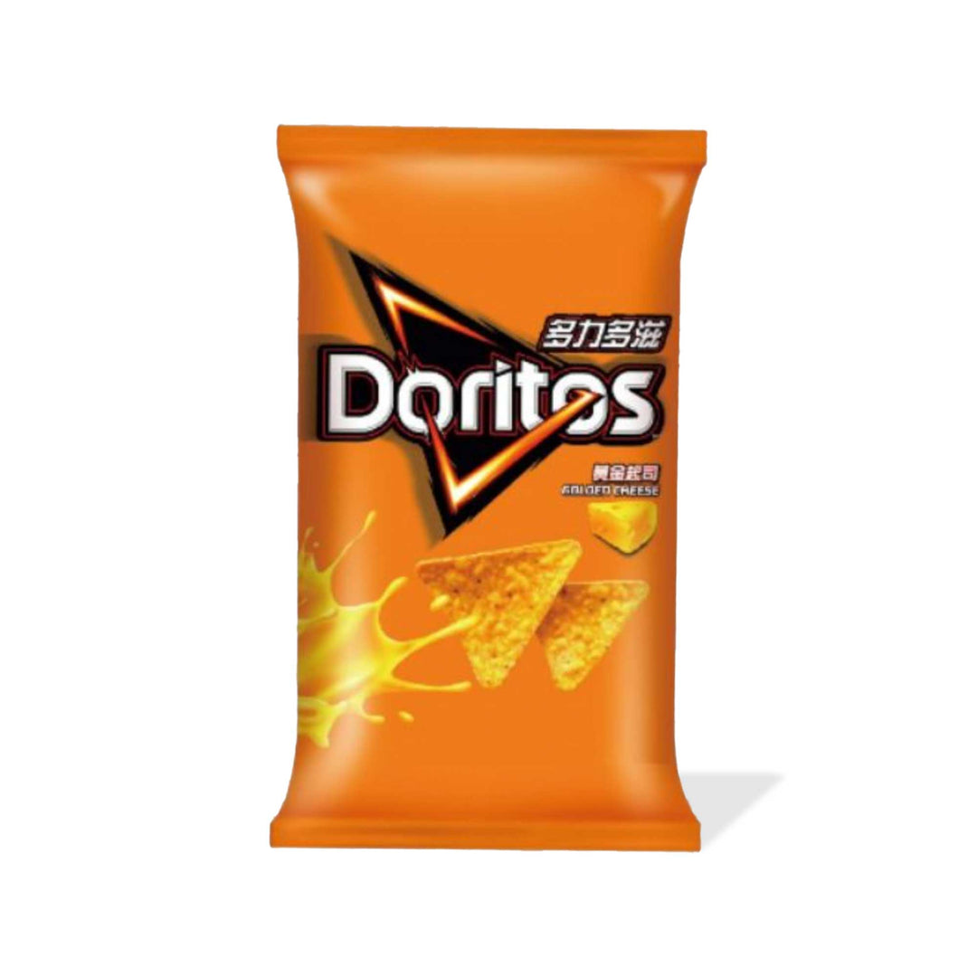 A bag of Doritos: Golden Cheese chips on a white background.