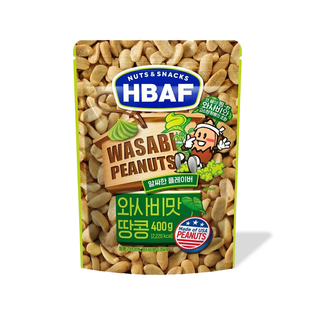 A package of HBAF Korean-style wasabi peanuts, 400g, with an illustration of a cartoon peanut character.