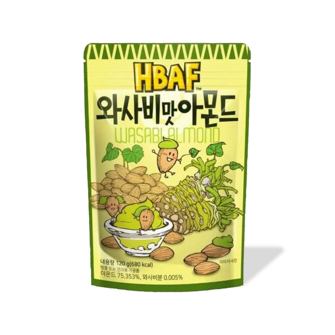A package of HBAF Korean-style Wasabi Almond snacks featuring an illustration of cartoon almonds with wasabi.