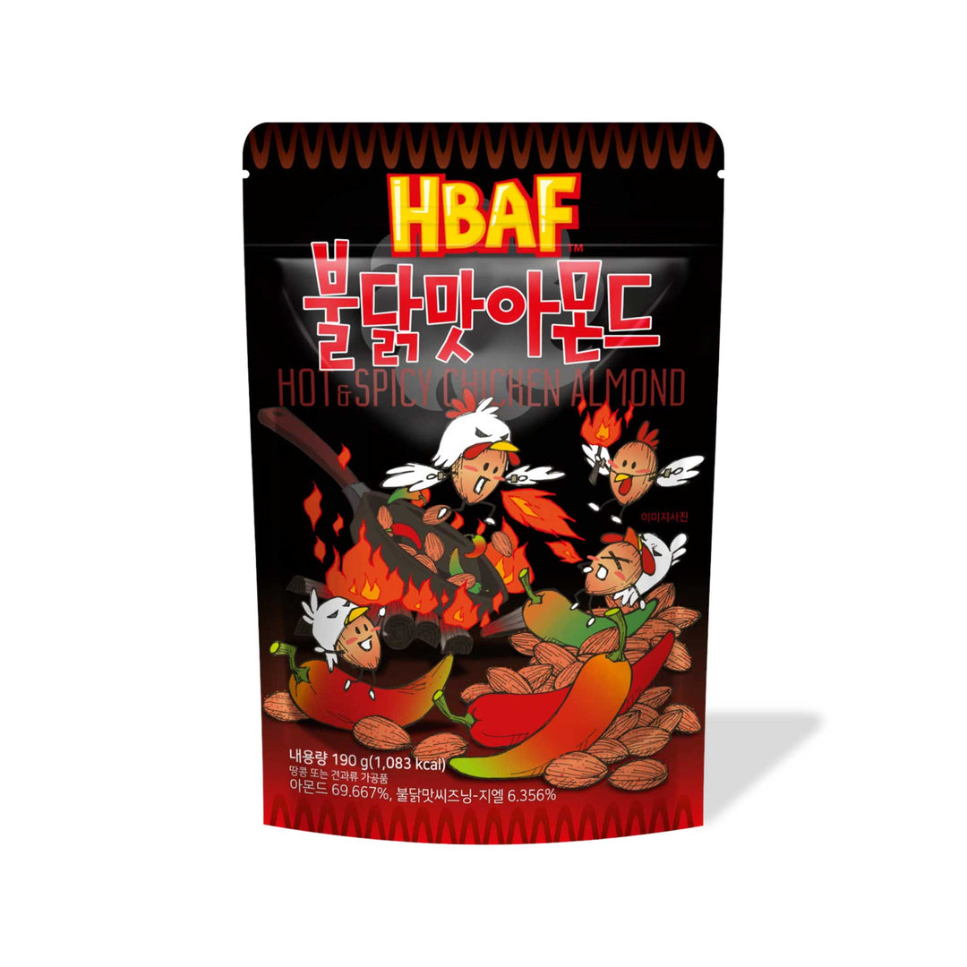 A packet of HBAF Korean Style Almonds: Buldak Spicy BBQ Chicken snacks with cartoon chickens and flames illustrated on the front.