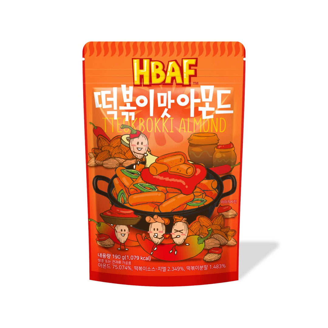 A package of HBAF Korean Style Almonds: Tteokbokki Spicy Rice Cake almond snack featuring animated characters and almonds.