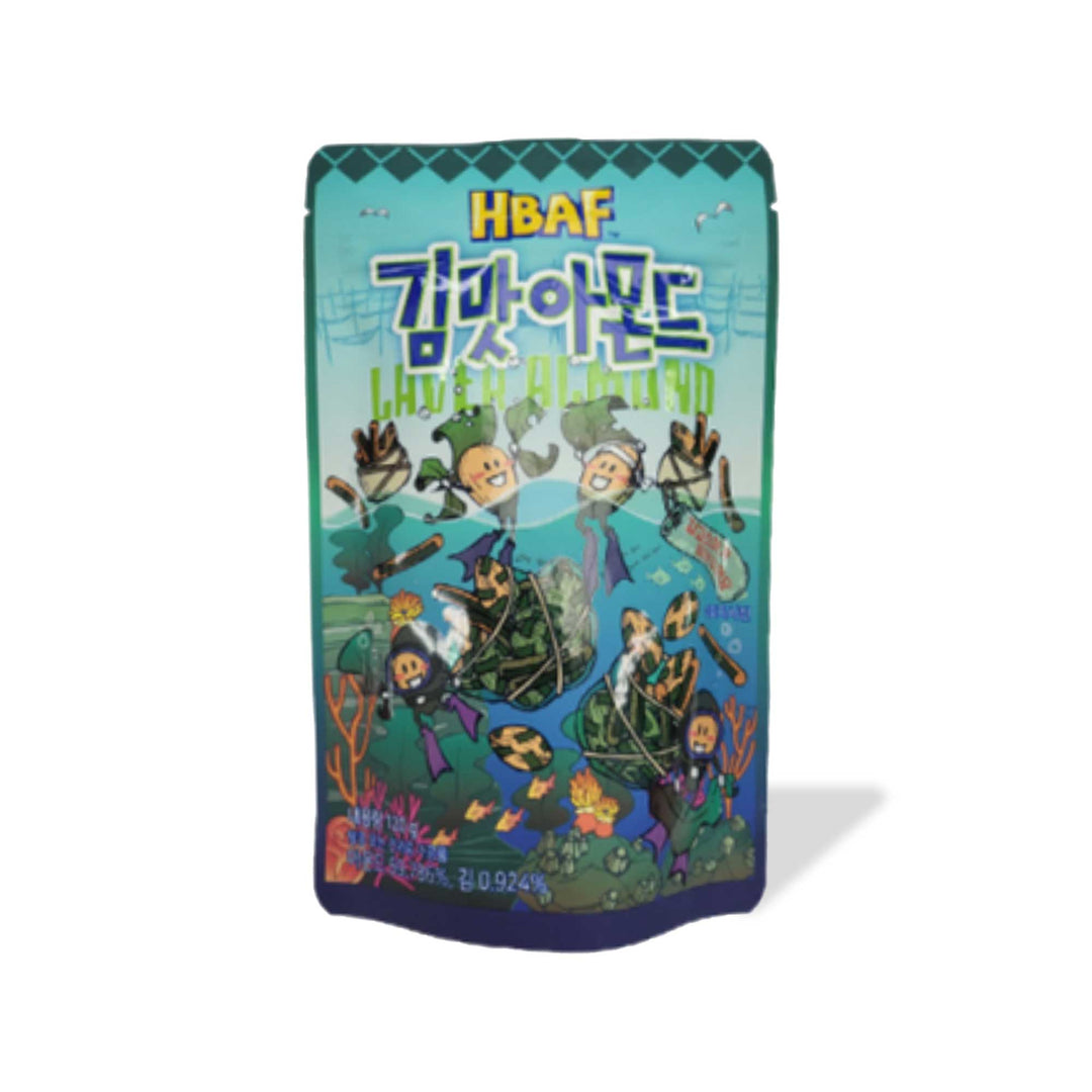 A colorful packet of HBAF Korean Style Almonds: Seaweed featuring animated characters and graphic design.
