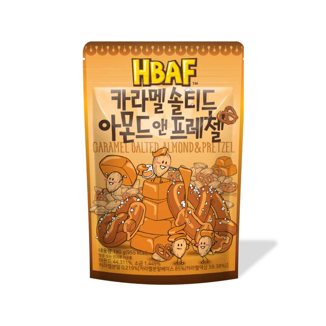A package of HBAF Korean-style caramel salted almonds and pretzel snack with playful cartoon characters depicted on the front.