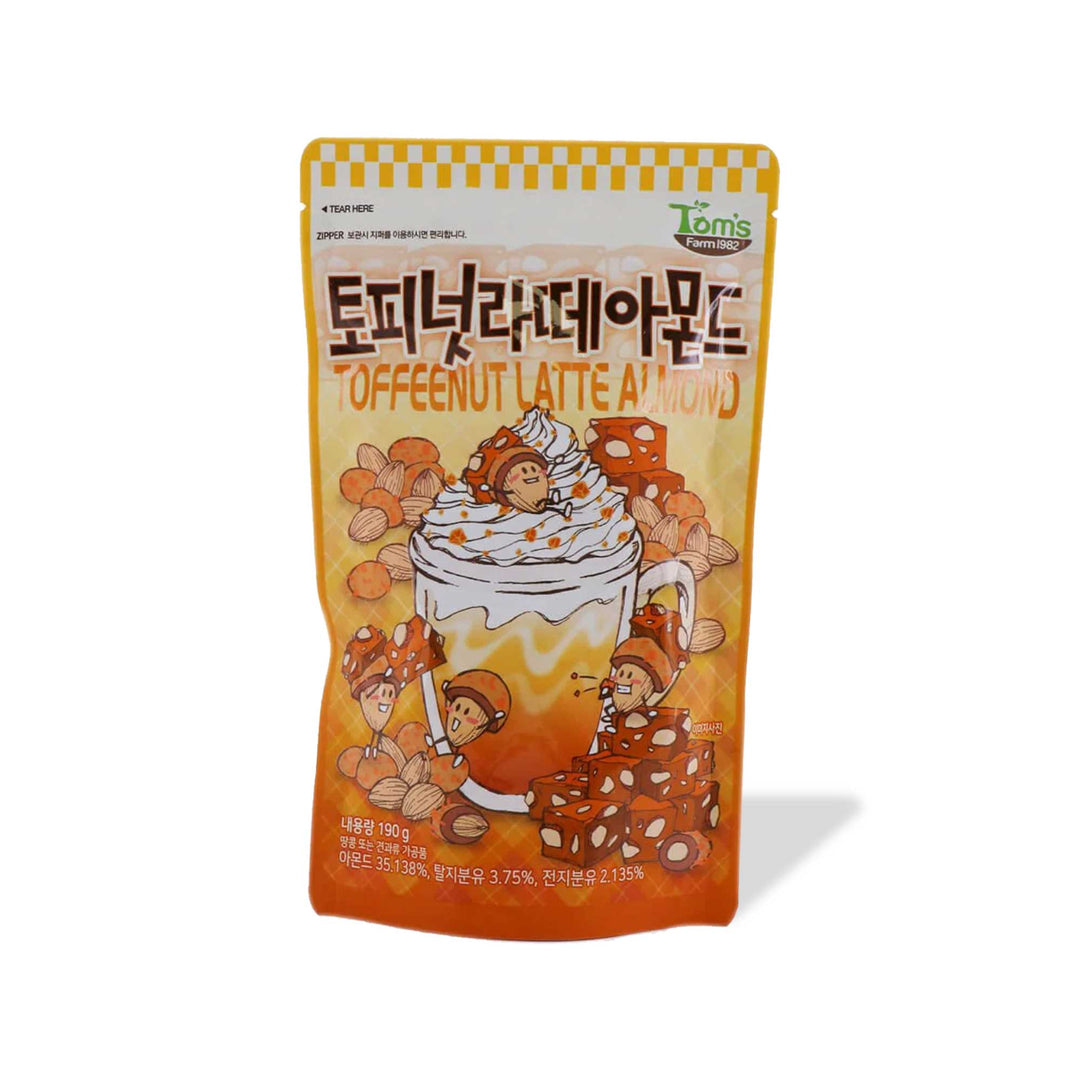 A package of HBAF Korean Style Almonds' Toffeenut Latte mix with a cartoon illustration.
