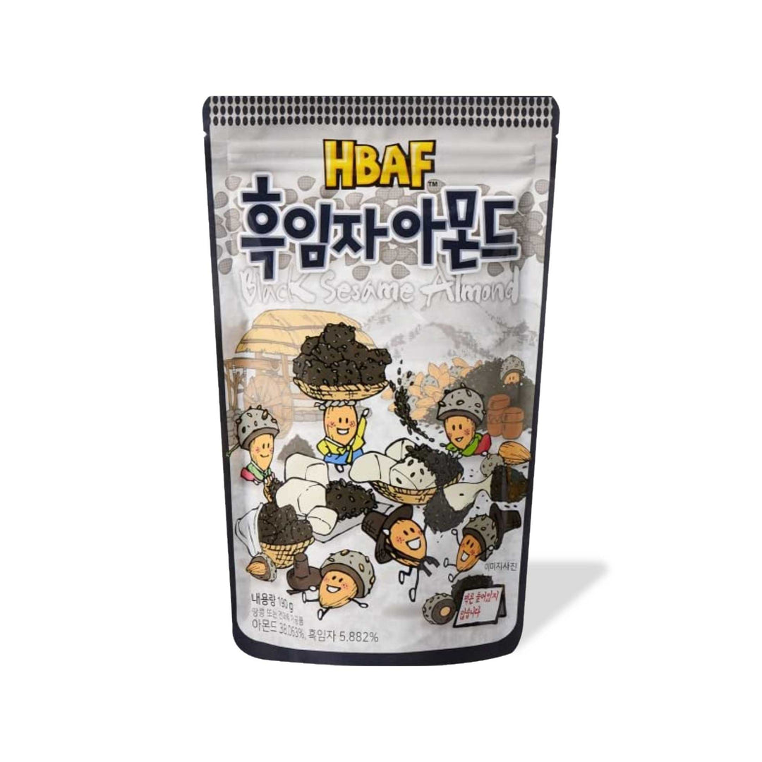 A package of HBAF Korean Style Almonds: Black Sesame snacks with cartoon illustrations.