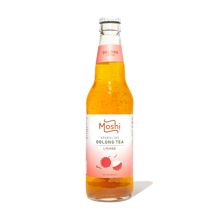 A bottle of Moshi Sparkling Oolong Tea in Lychee flavor on a white background.