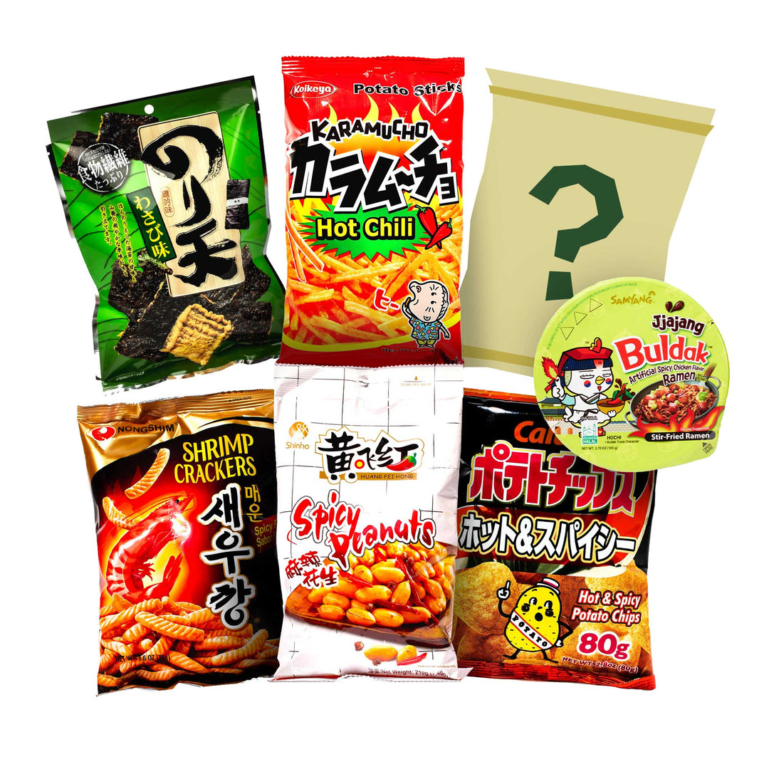 A variety of Discover Spice from Asia snacks from Bokksu Market with a question mark.