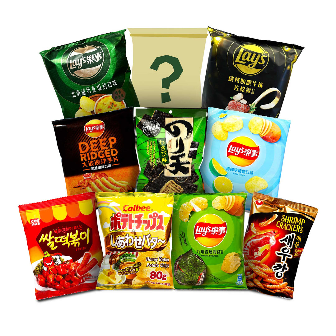 A bag of Calbee Discover Asian Potato Chips: 8 pack with a question mark on it.