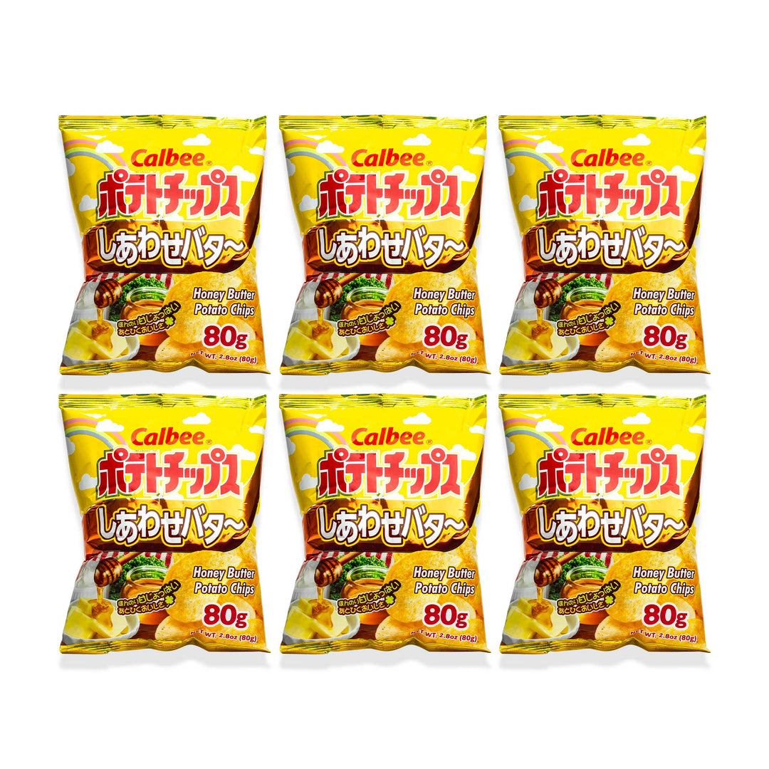 Six packets of Calbee Potato Chips: Honey Butter 6 Pack, 80g each, perfect for party snack tables.