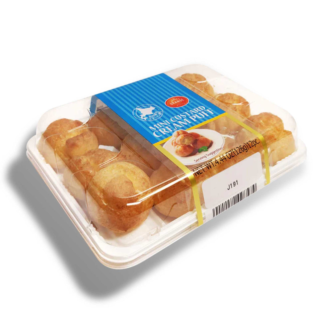 A plastic container with a variety of Patisserie Petit Cream Puff: Original Hokkaido Custard pastries from the brand Orange.