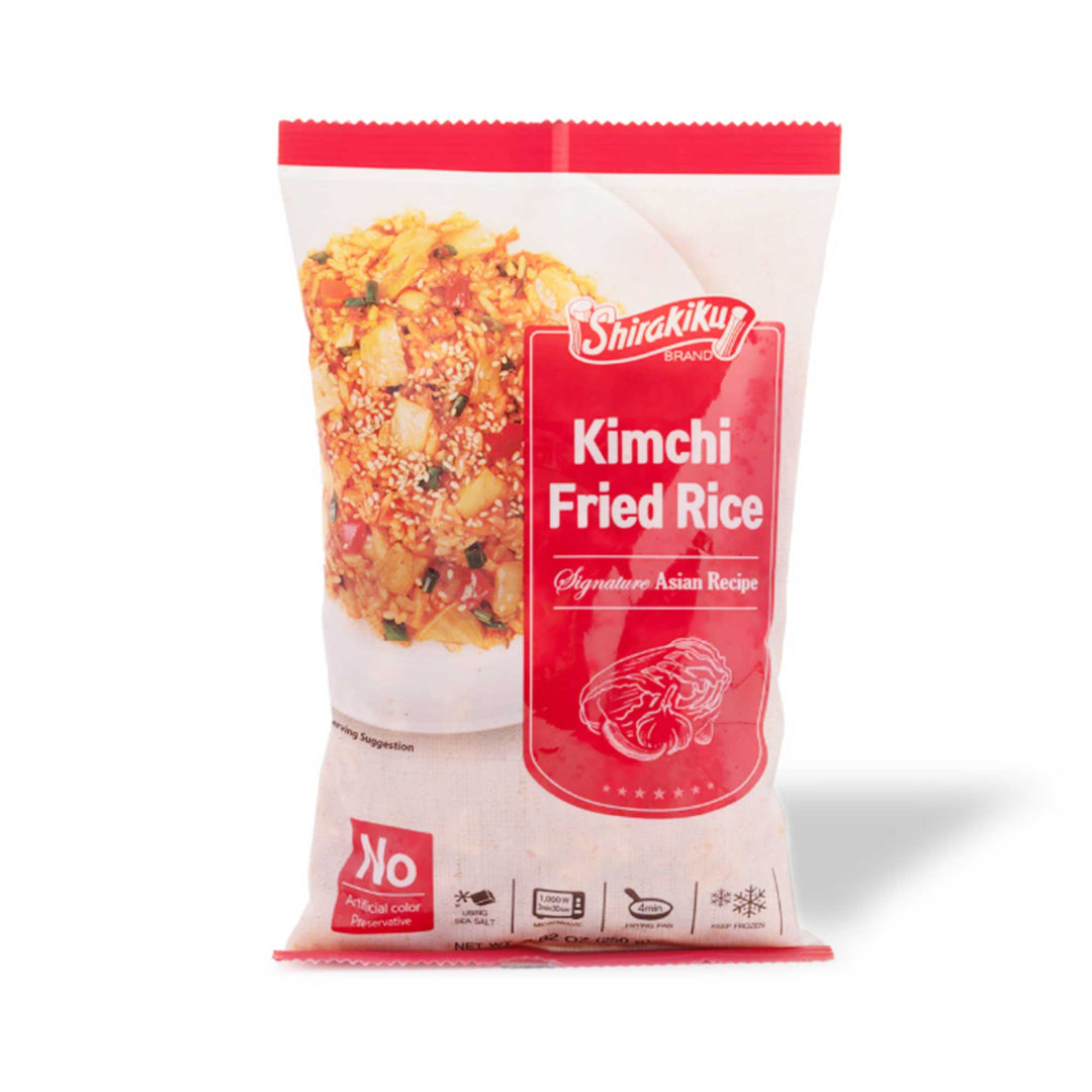 A delicious bag of Shirakiku Kimchi Fried Rice on a white background.