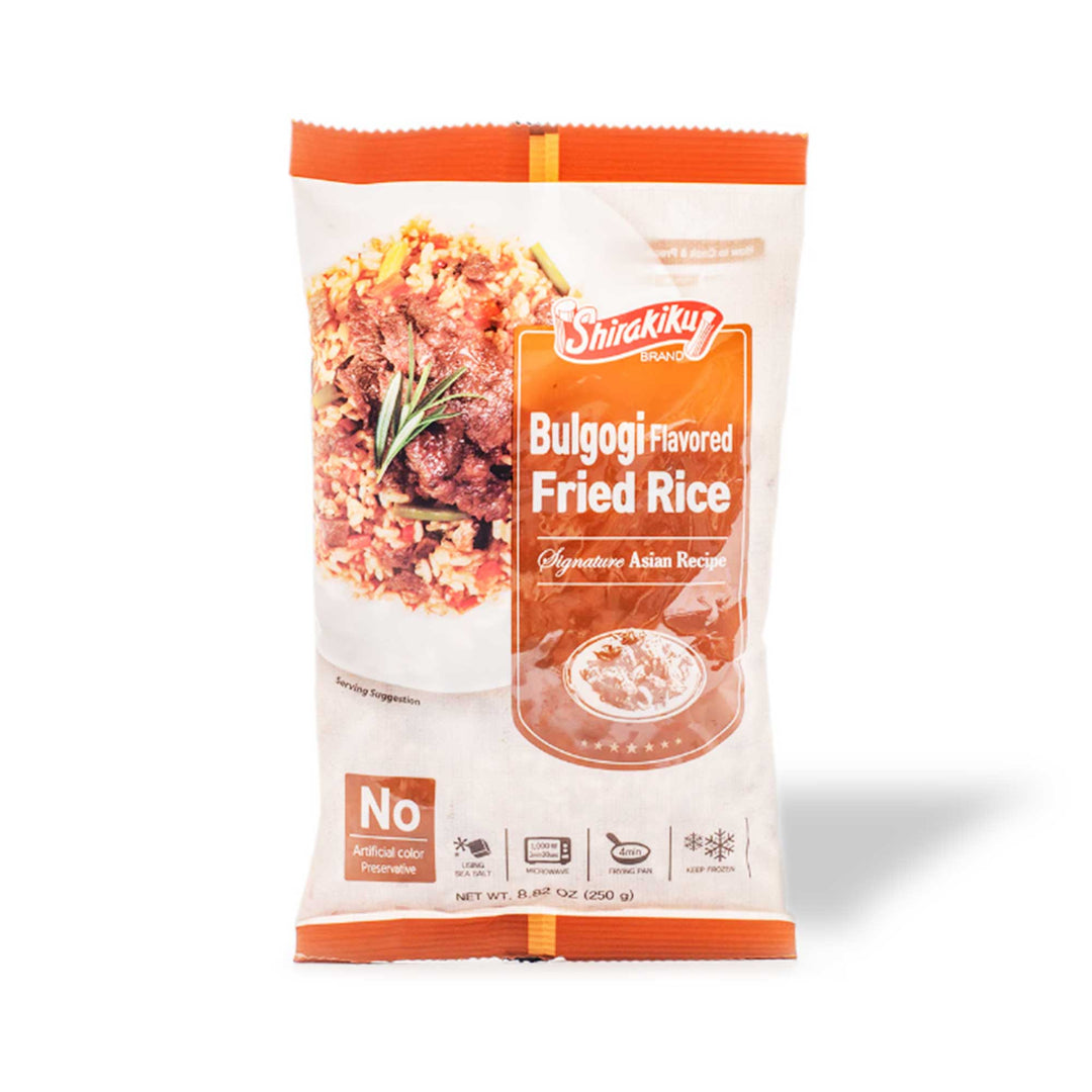 A bag of Shirakiku Bulgogi Fried Rice on a white background, perfect for making comfort dishes like fried rice.