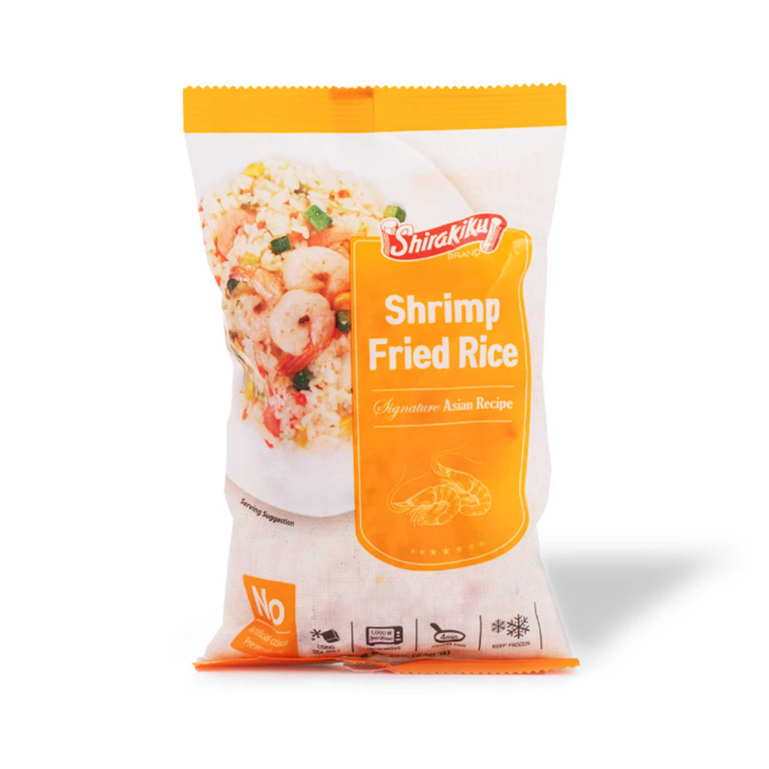 A bag of Shirakiku Shrimp Fried Rice on a white background.