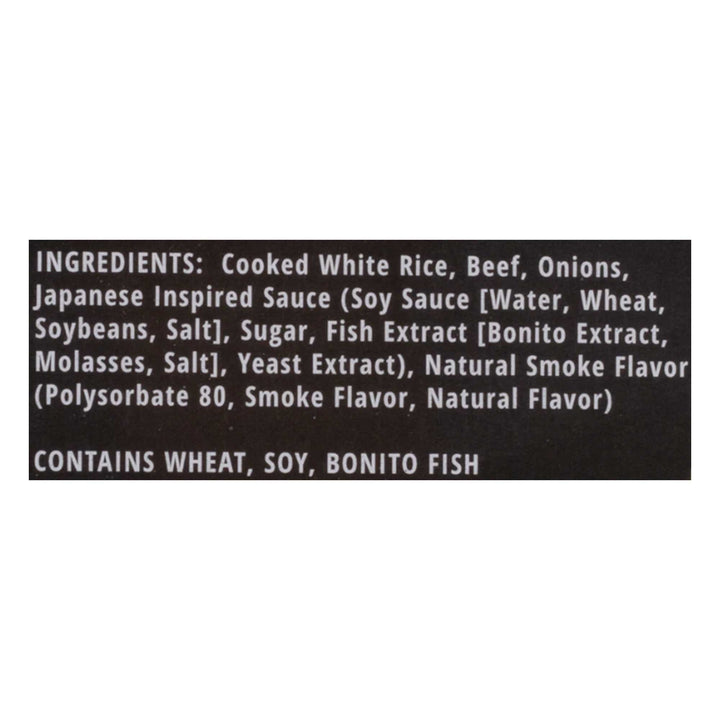 A label showing the ingredients of a Mishima x Gyukaku Beef Gyudon in Sweet Soy BBQ with Rice.
