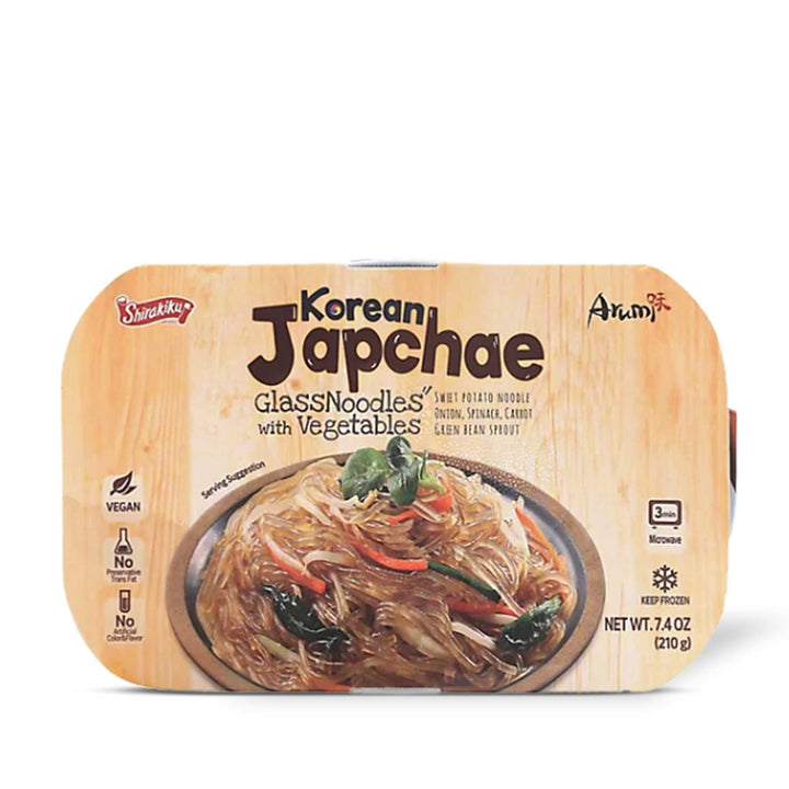 Authentic Korean dish featuring Shirakiku Korean Japchae Glass Noodles with Vegetable: Original, glass noodles packed conveniently in a box.