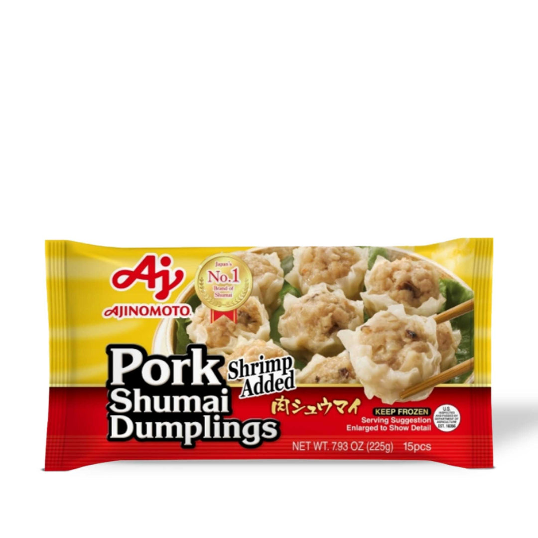 A bag of Ajinomoto Pork Shumai dumplings on a white background.