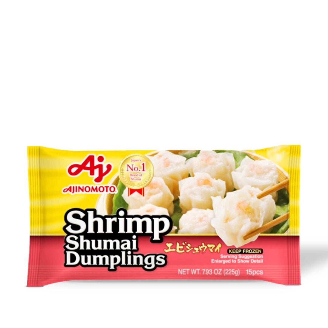 Ajinomoto Shrimp Shumai with Kikkoman Soy Sauce on a white background.