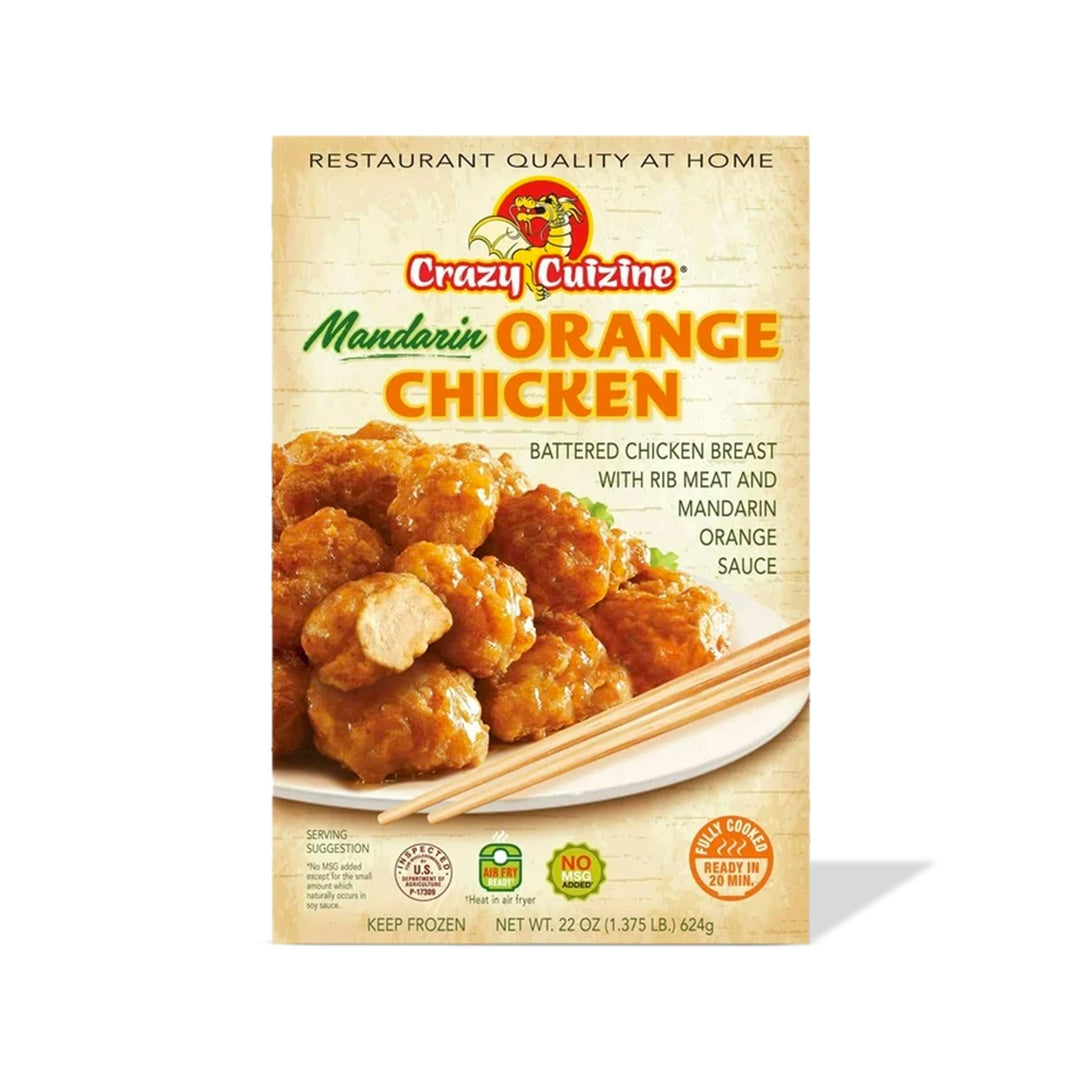 A package of Crazy Cuisine Orange Chicken, perfect for a Chinese meal. It comes with chopsticks and can be easily prepared in the microwave.