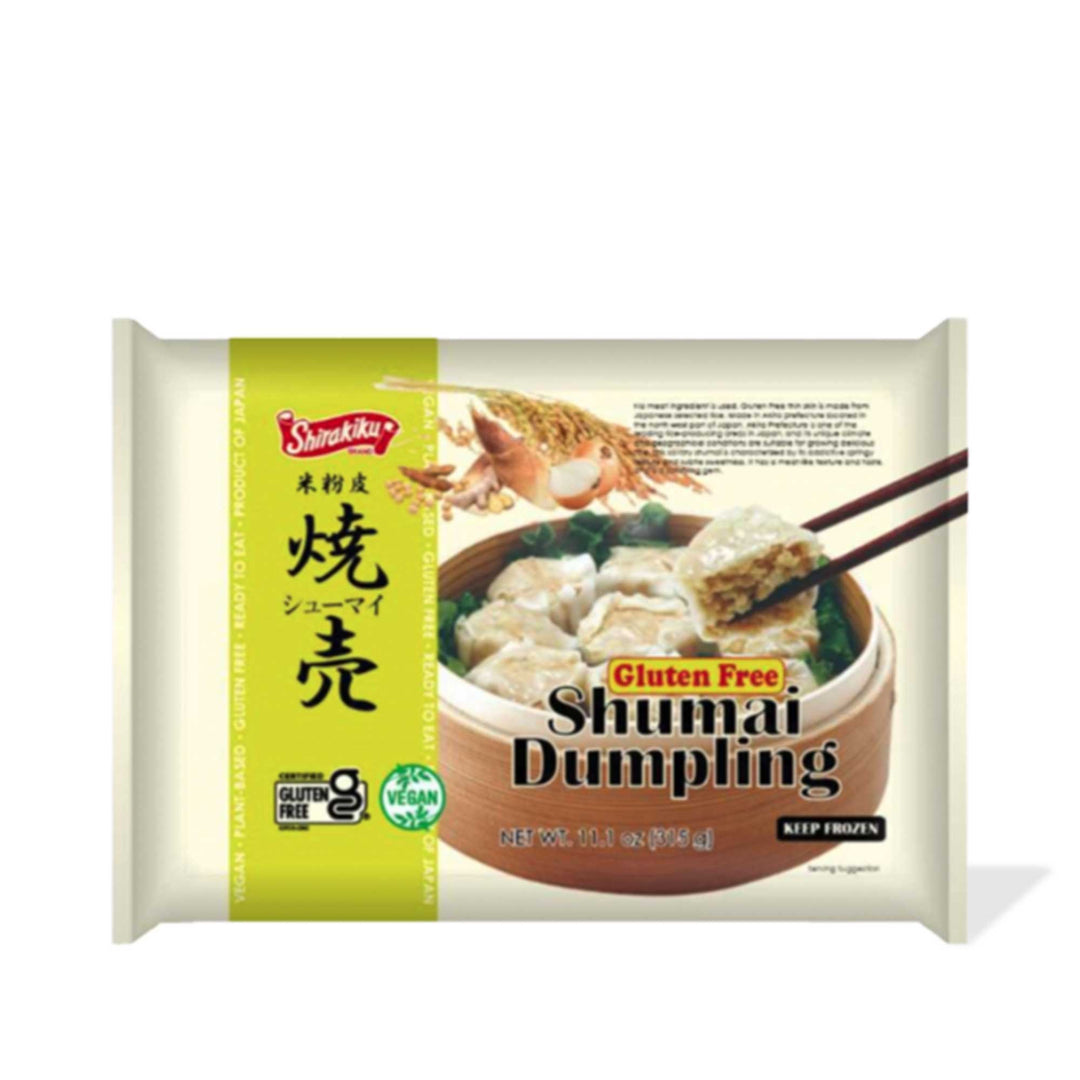 A bag of Shirakiku Gluten-Free & Vegan Shumai dumplings on a white background.