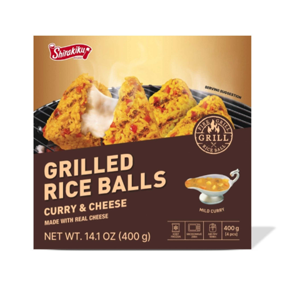 A package of Shirakiku Grilled Rice Balls: Curry & Cheese (4 pieces) with curry flavors and cheese.