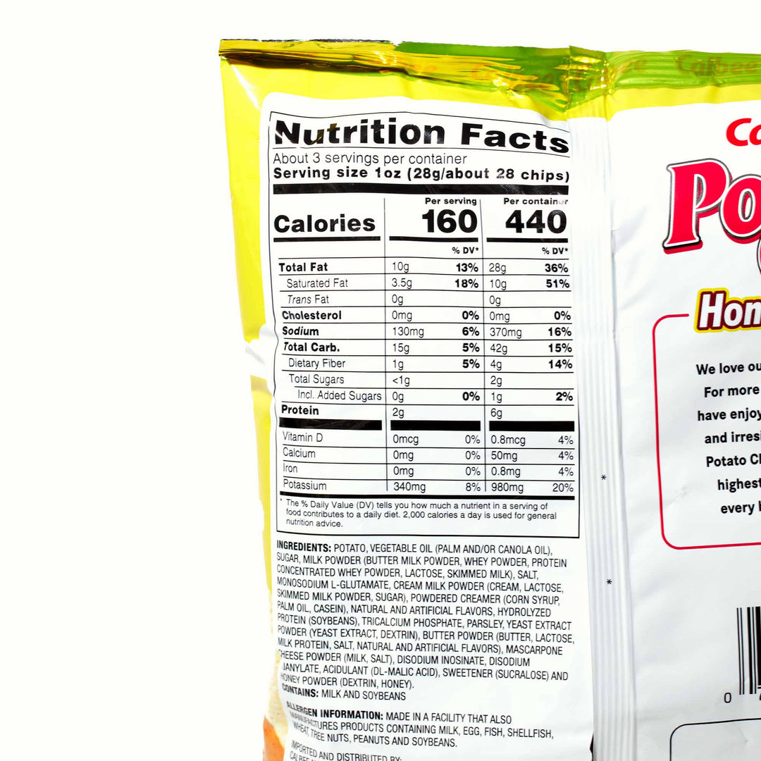Nutrition label on a Calbee Variety Pack Potato Chips bag displaying calorie count and ingredients list.