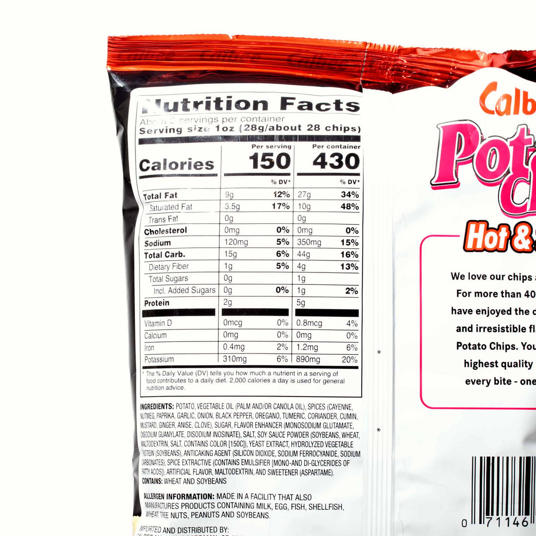 Nutritional facts label on a packet of Calbee Potato Chips: Variety Pack.